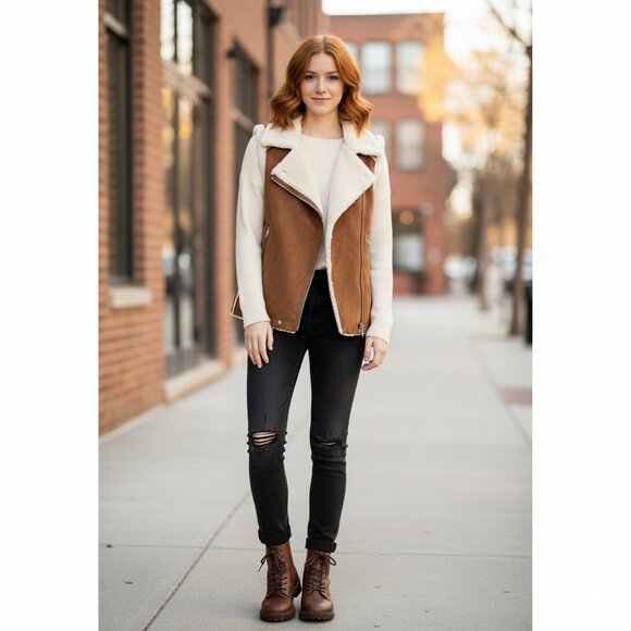 LOVE TREE Medium Faux Fur/Suede Sleeveless Jacket - Picture 1 of 8